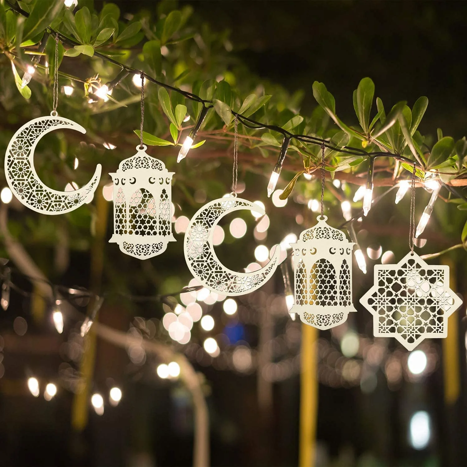 Wooden Geometric Hanging Eid Mubarak Decorations - Laser Cut Rustic Moon Star Lantern - Image 2