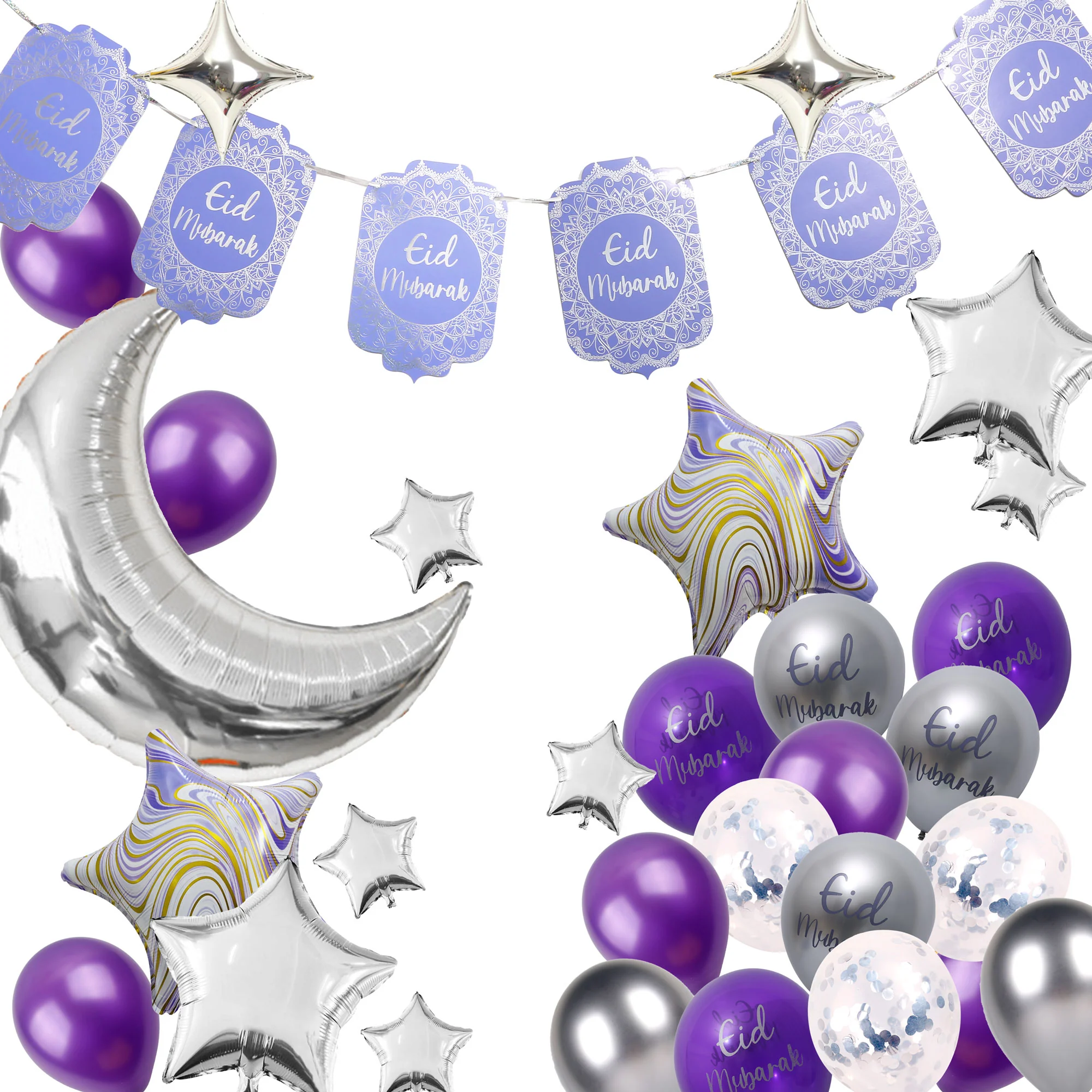 Eid Mubarak 77 pcs Decoration Set - Purple, Blue & Silver