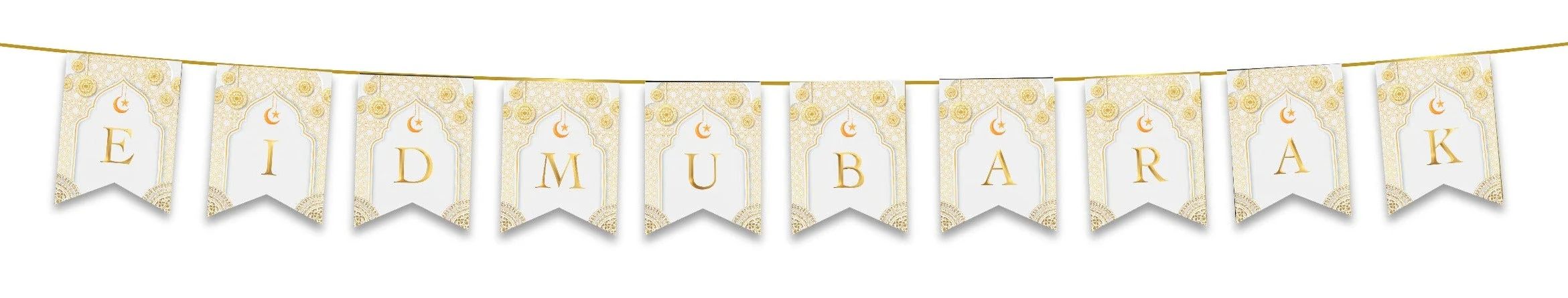 Eid Mubarak Bunting - White & Gold Geometric Arabesque Letter Flags Decoration - Image 2