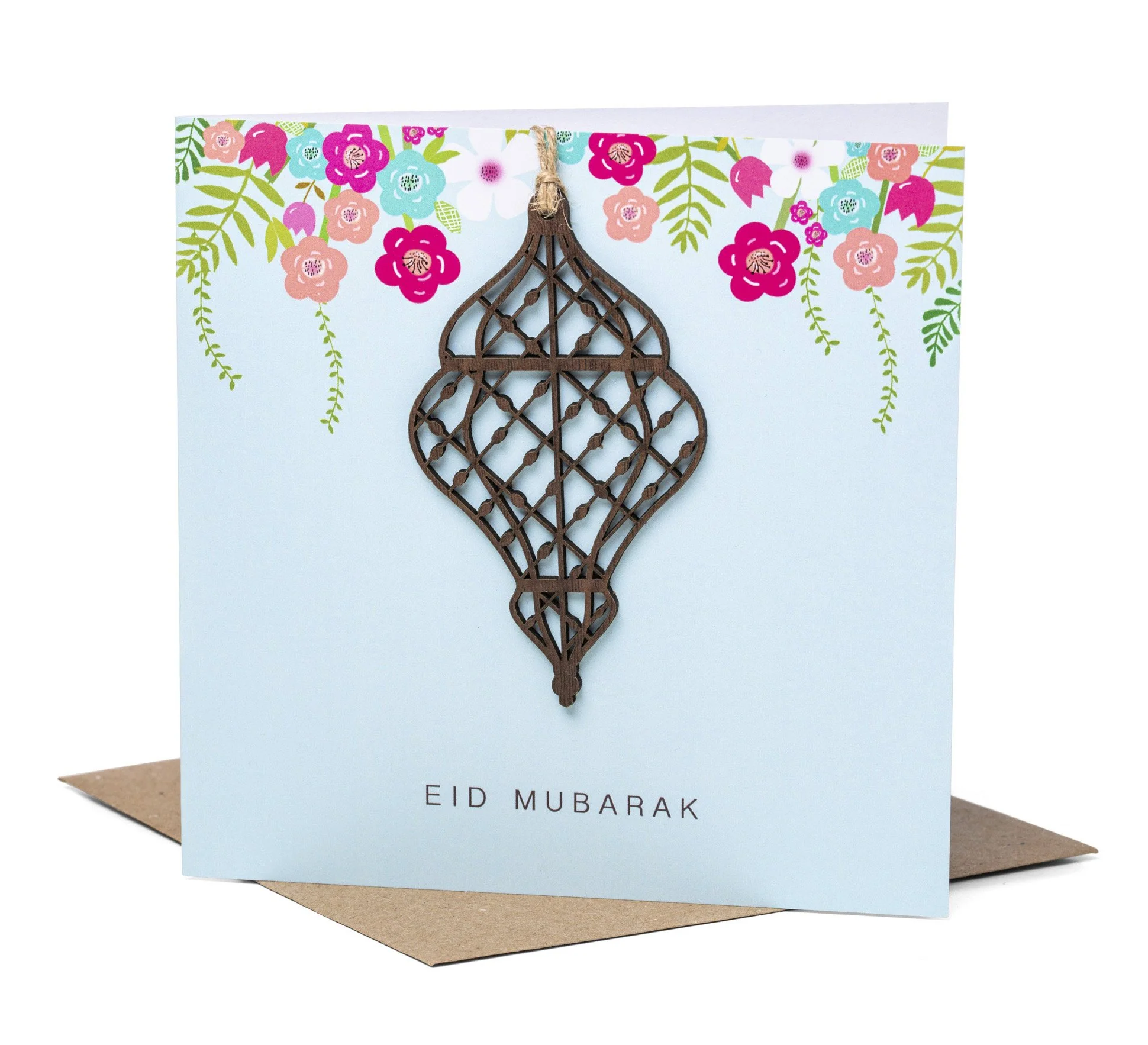 Eid Mubarak Card - Laser Cut Wooden Lantern - Blue - Image 2
