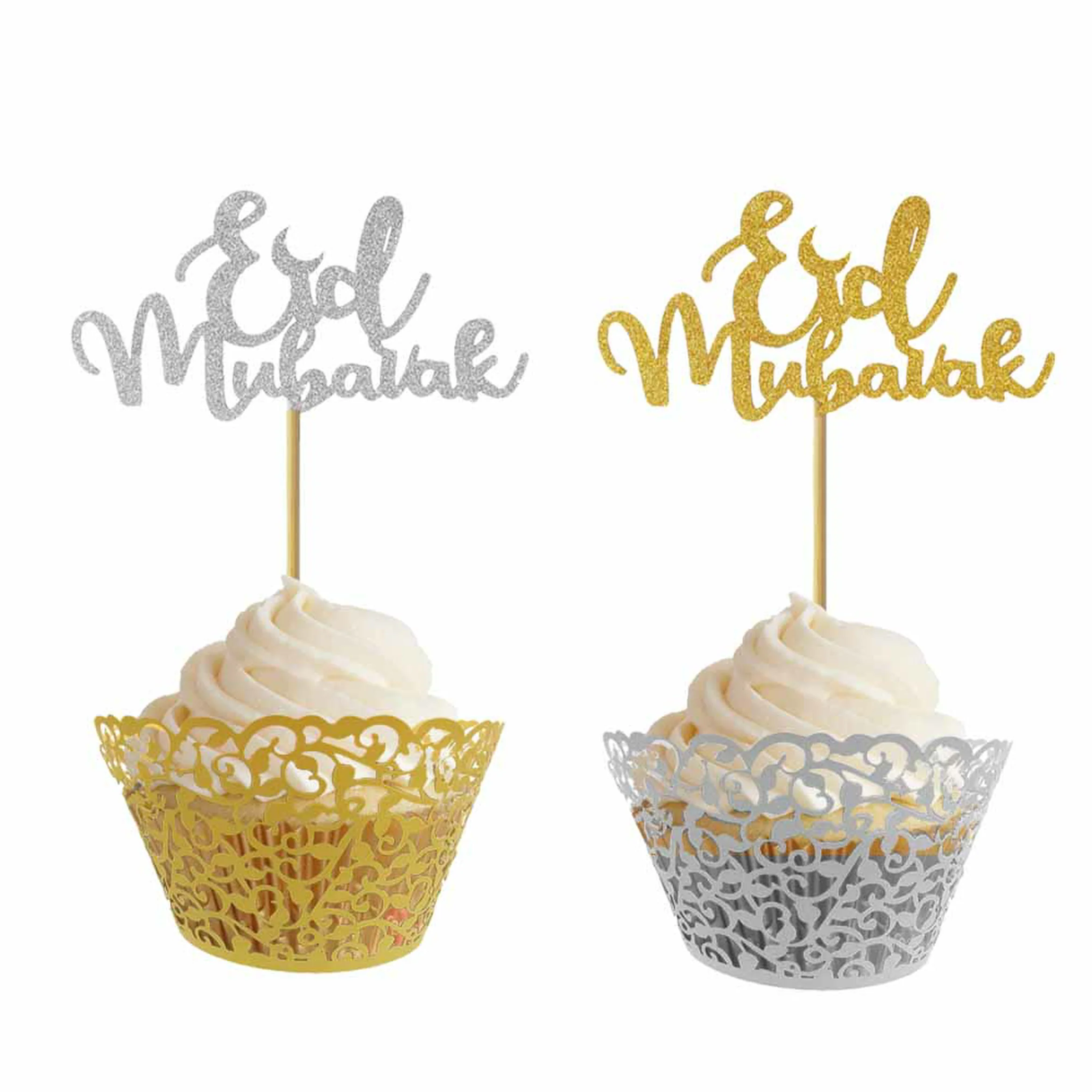 Eid Mubarak Glitter Cupcake Toppers (Pack of 10) - Silver - Image 3