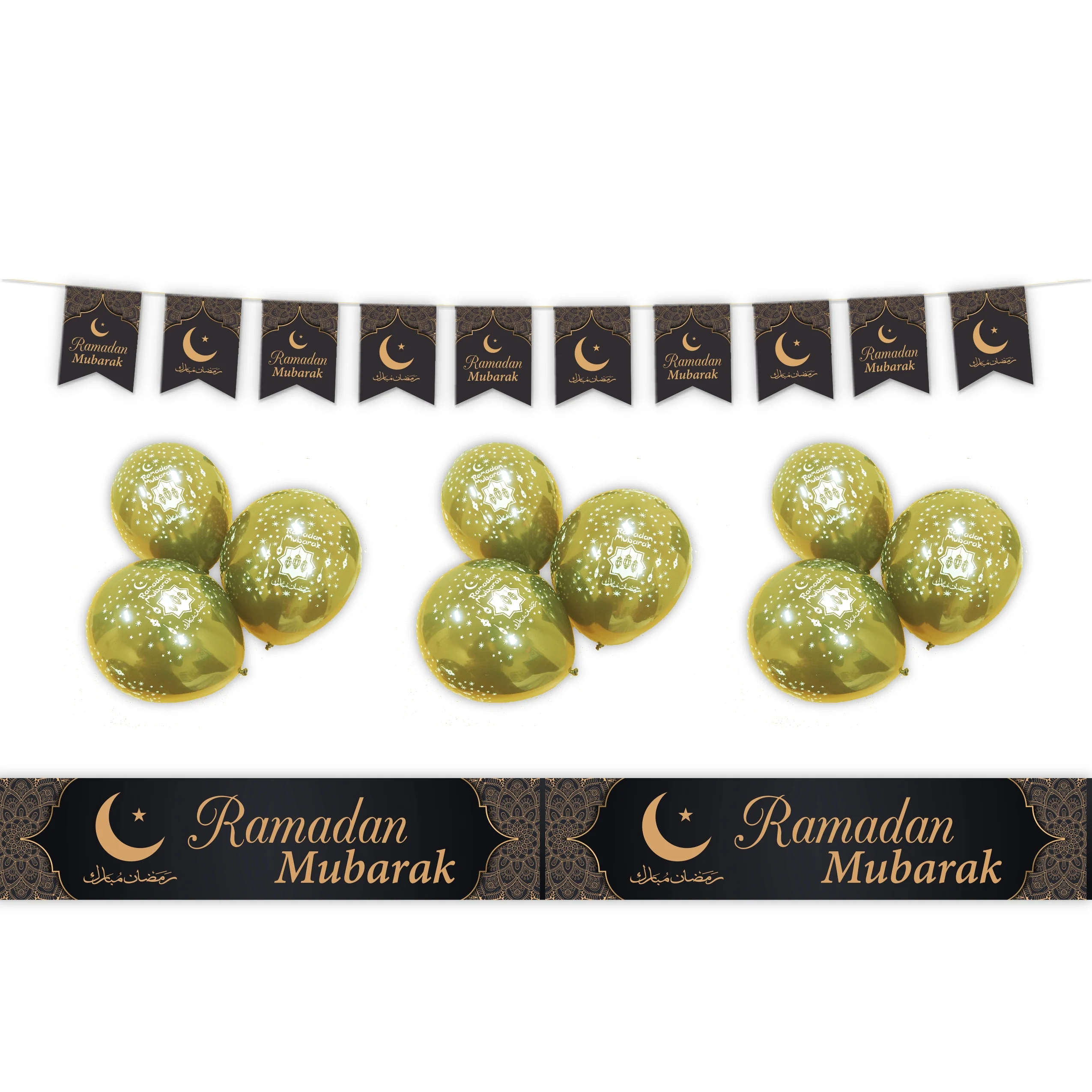RAMADAN Mubarak Decoration Set - Black & Gold Moon & Star Geometric Design (AG21)