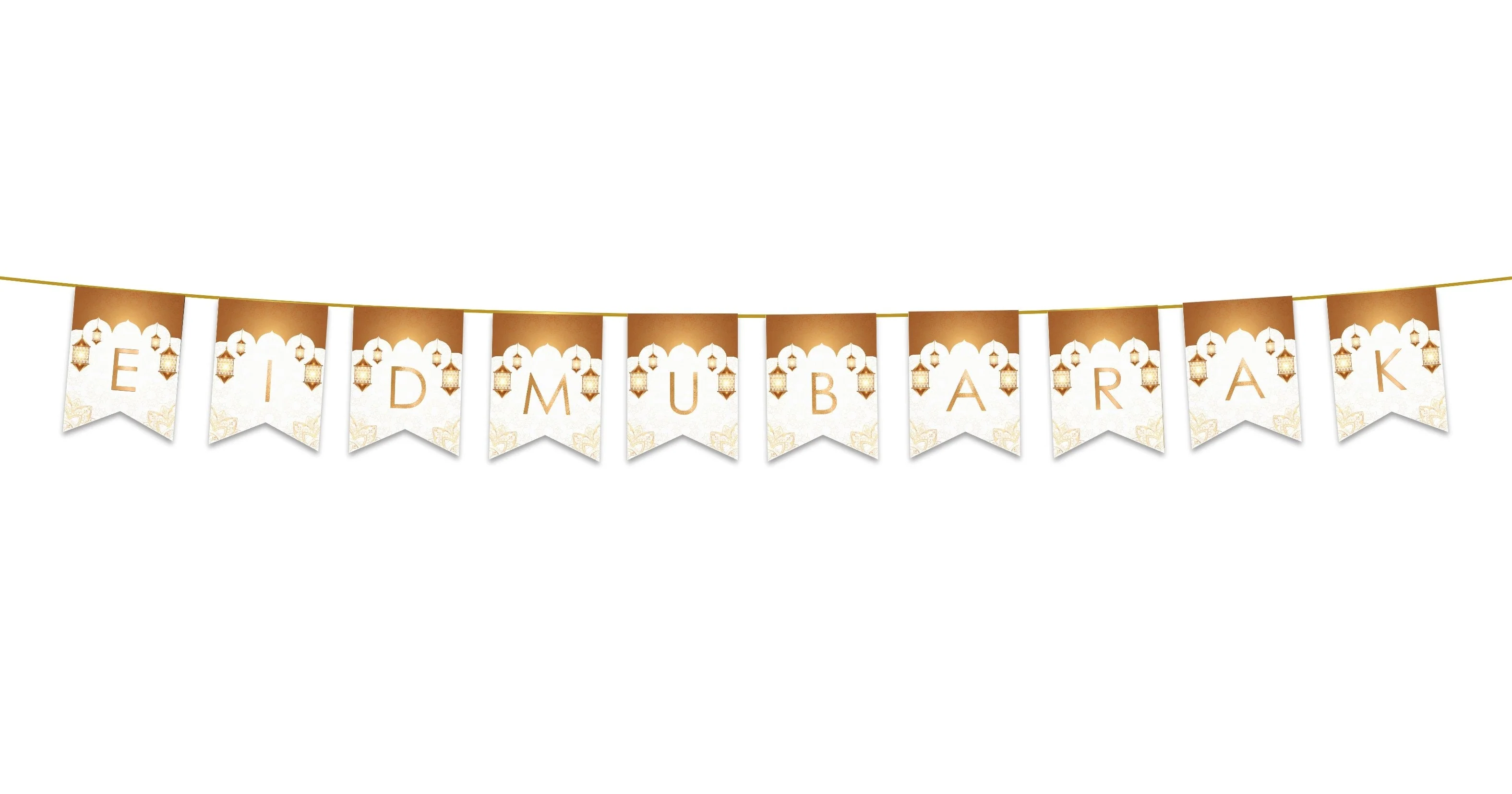 Eid Mubarak Bunting - White & Gold Domes & Lanterns Letter Flags Decoration - Image 2