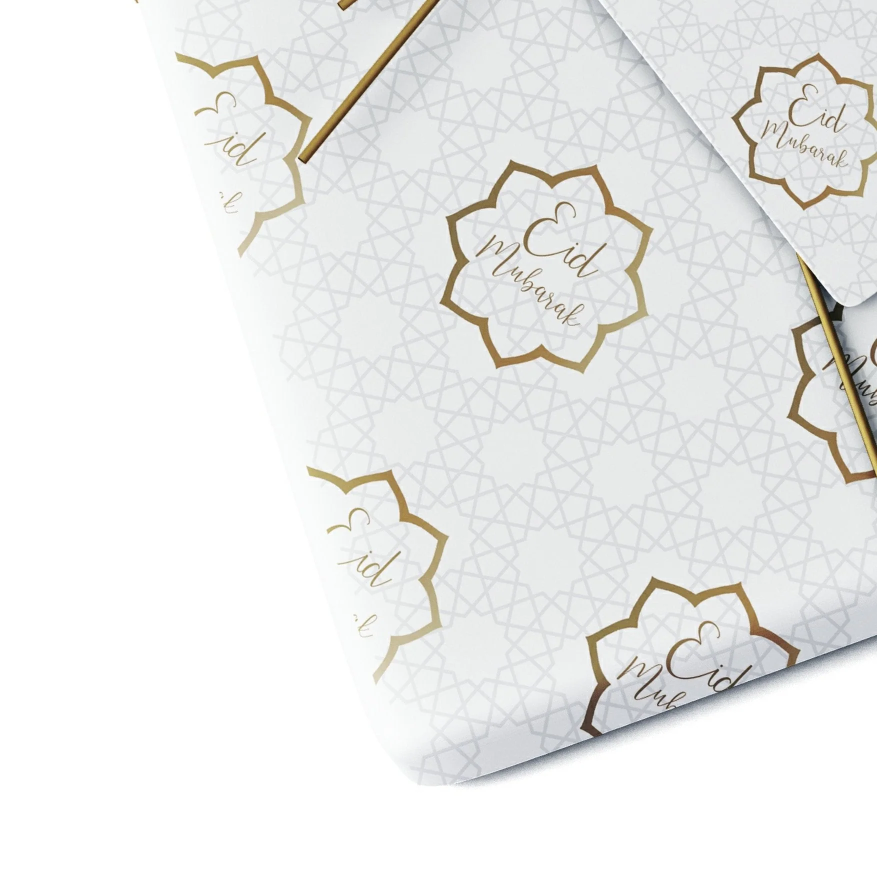Eid Mubarak Gift Wrap Sheet - White & Gold Geometric - Image 2