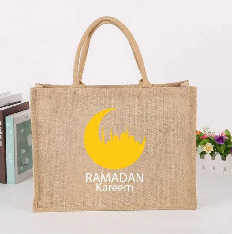 Natural Jute Ramadan Kareem Tote Bag with Yellow Crescent Design