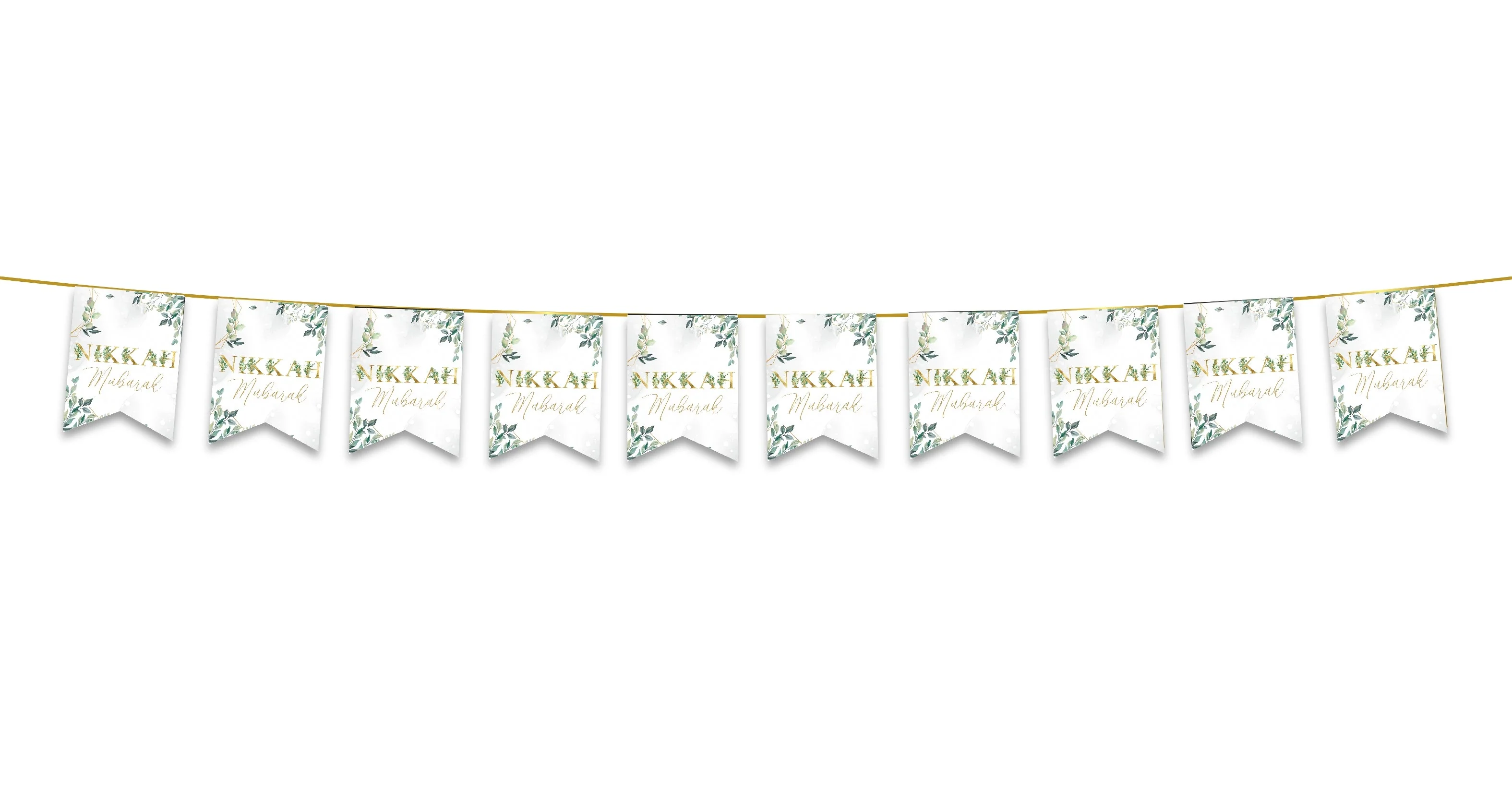 Nikkah Mubarak Bunting - Green & Gold Leaves Islamic Wedding Decoration - Image 2