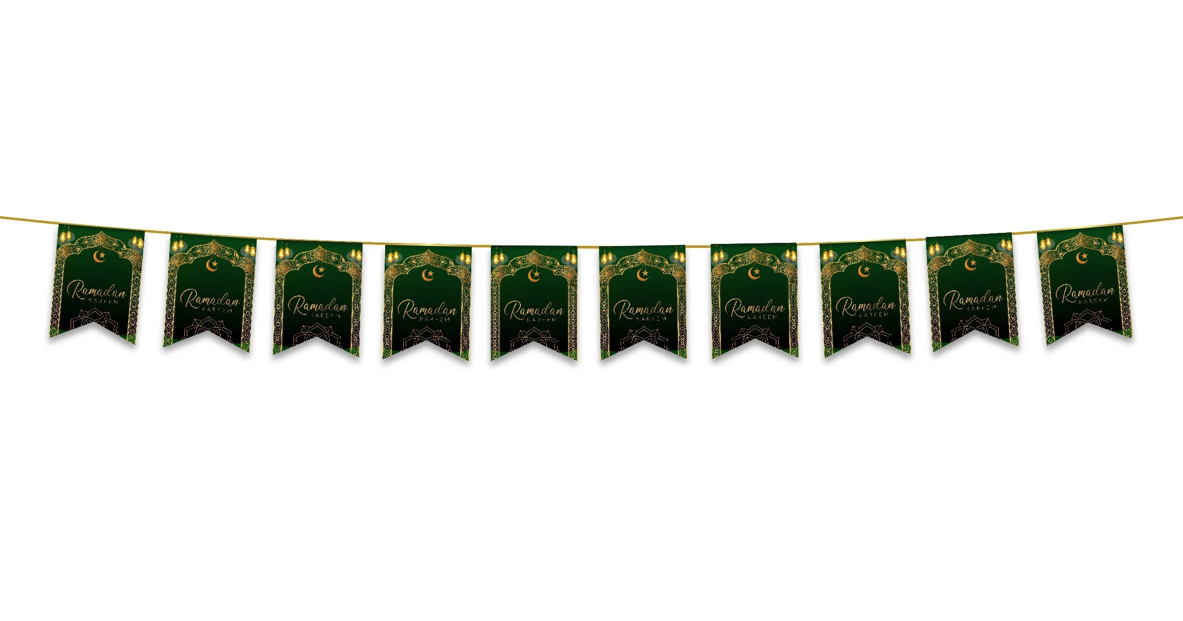 Ramadan Kareem Bunting - Green & Gold Hanging Lanterns Archway Flags Decoration - Image 2