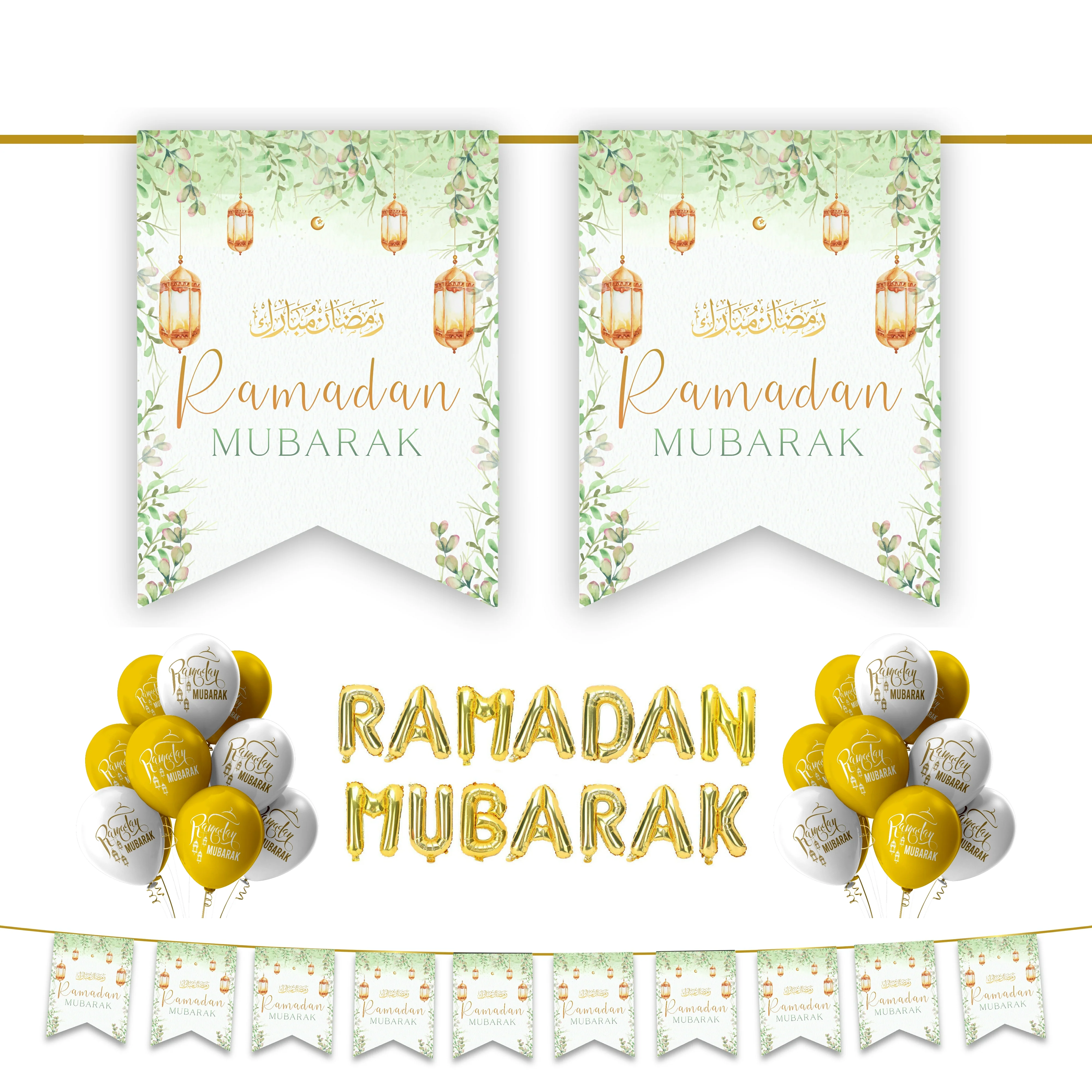 Ramadan Mubarak 34 pc Decoration Set - Green Floral Lanterns