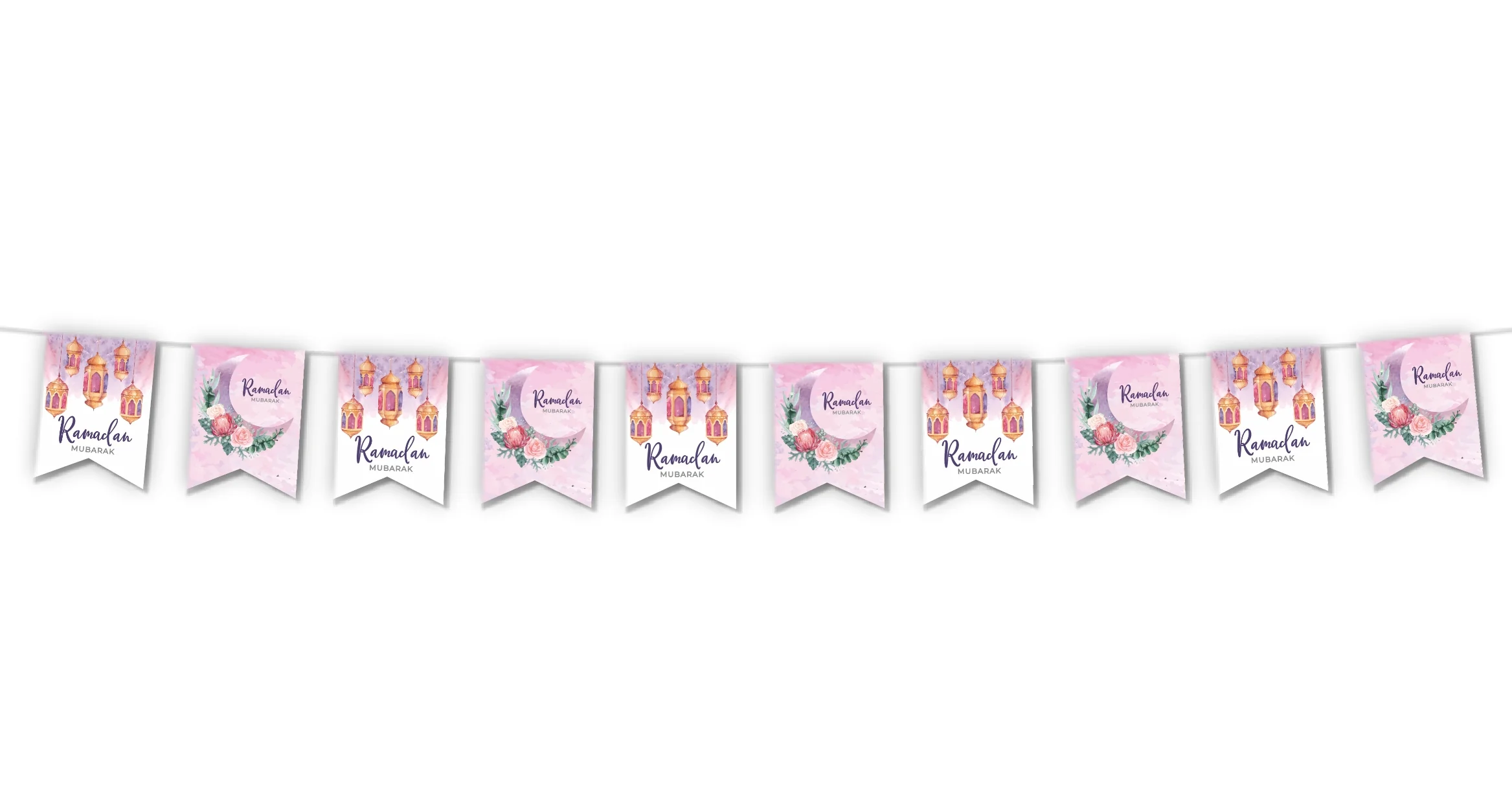 RAMADAN Mubarak Bunting Decoration - Pink Floral & Lanterns Design (AG21) - Image 2
