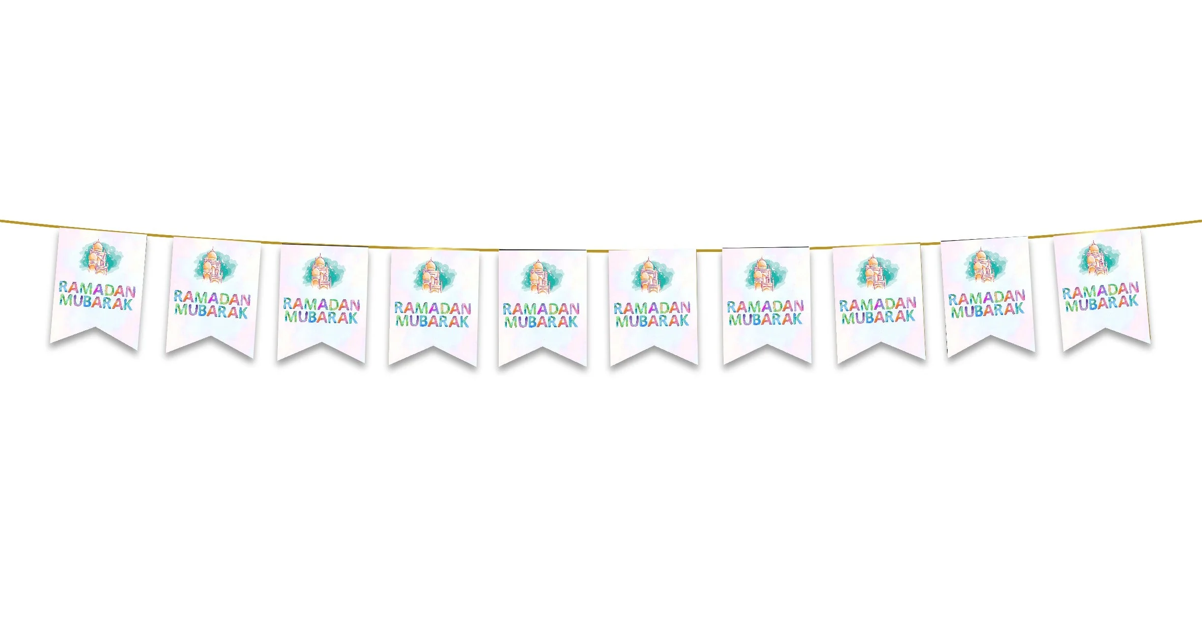 Ramadan Mubarak Bunting - Pastel Rainbow Watercolour Mosque Flags Decoration - Image 2