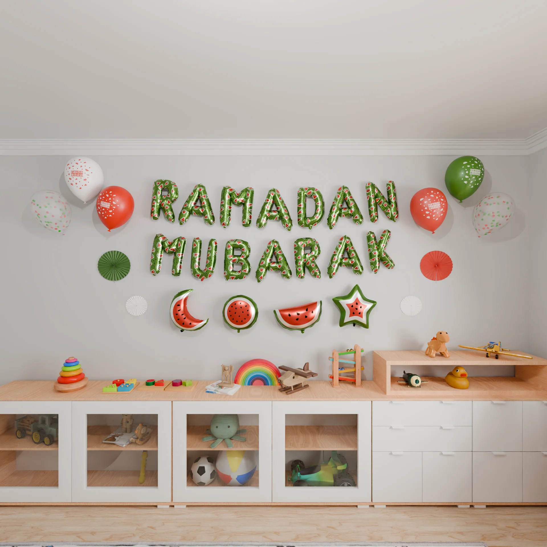 Ramadan Mubarak foil balloon set - Watermelon Palestine Design - Green - Image 4