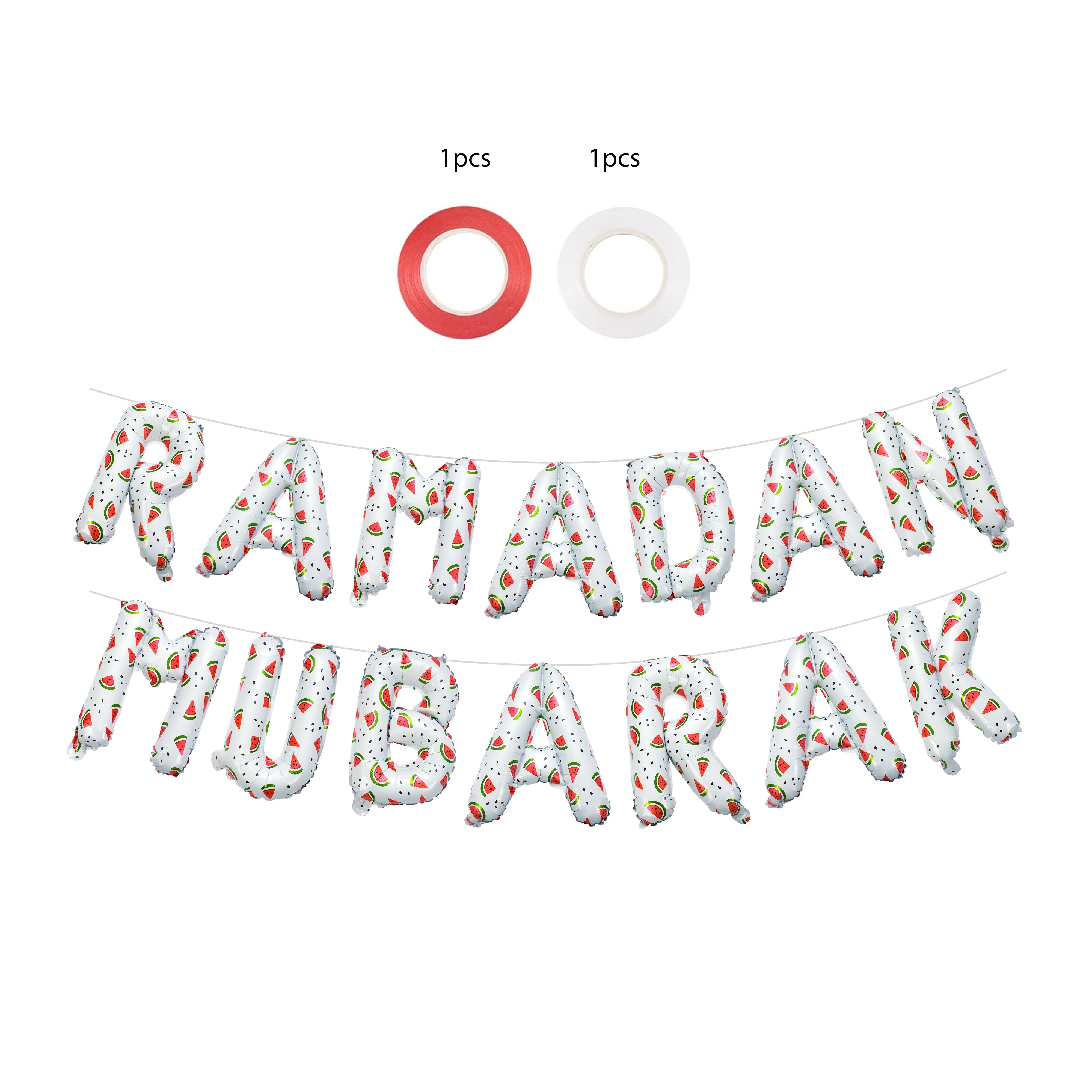Ramadan Mubarak foil balloon set - Watermelon Palestine Design - White - Image 3