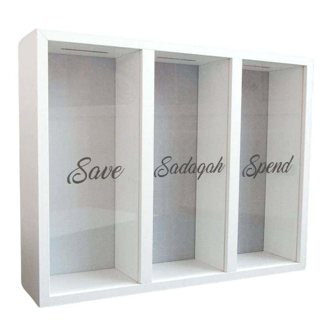 Save, Sadaqah & Spend Money Box – White & Grey