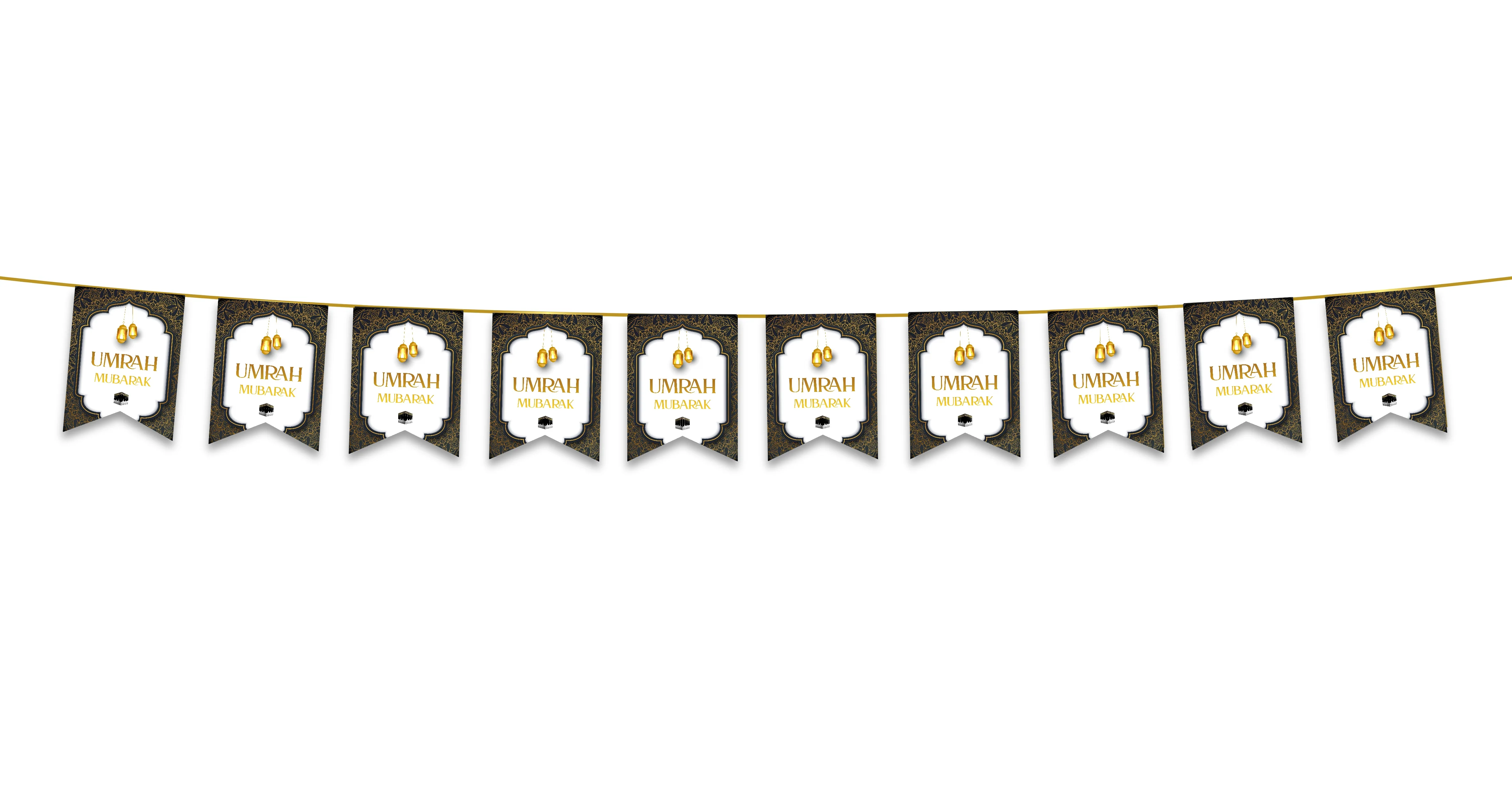 Umrah Mubarak Bunting - Black & Gold Hanging Lanterns - Image 2