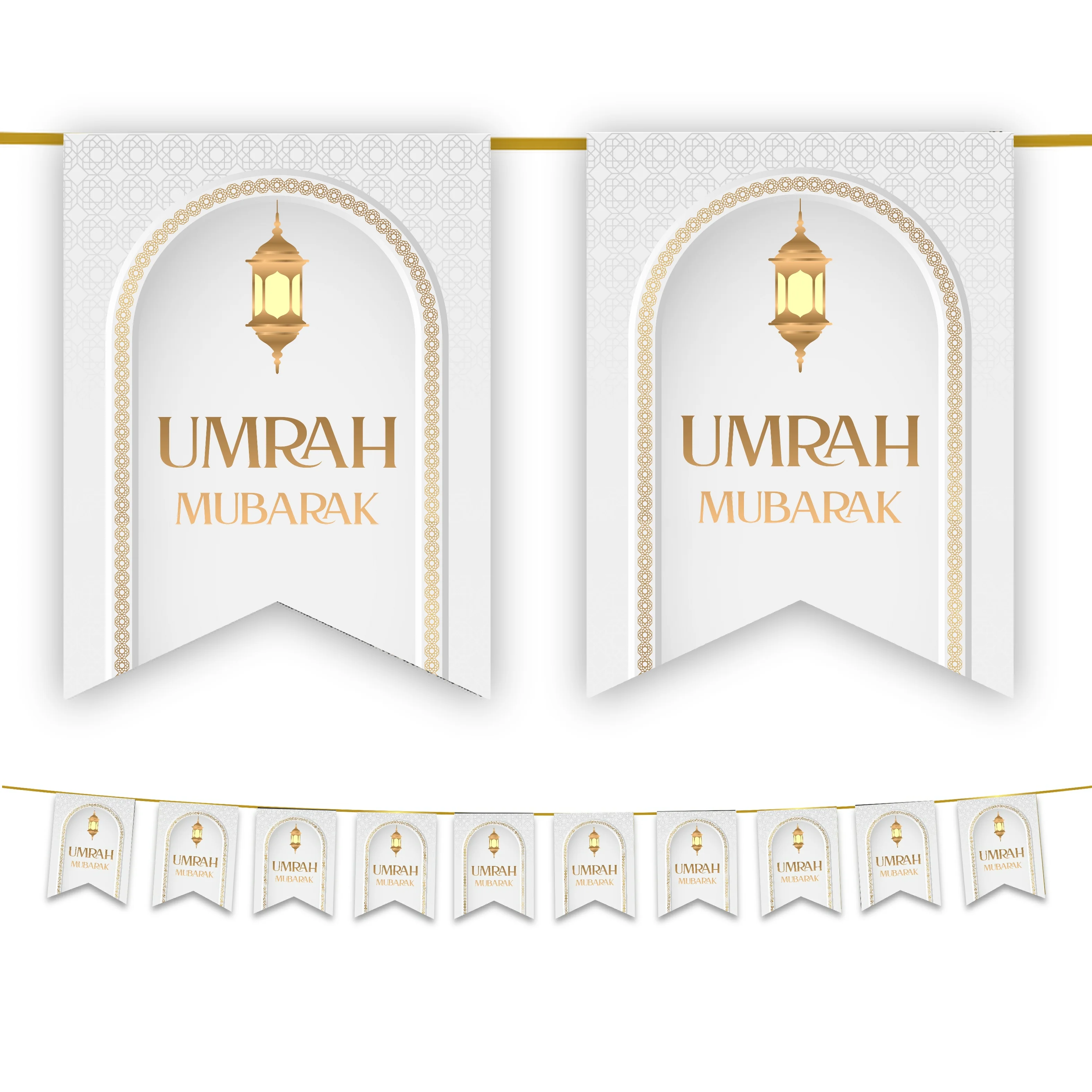 Umrah Mubarak Bunting - White & Gold Hanging Lanterns
