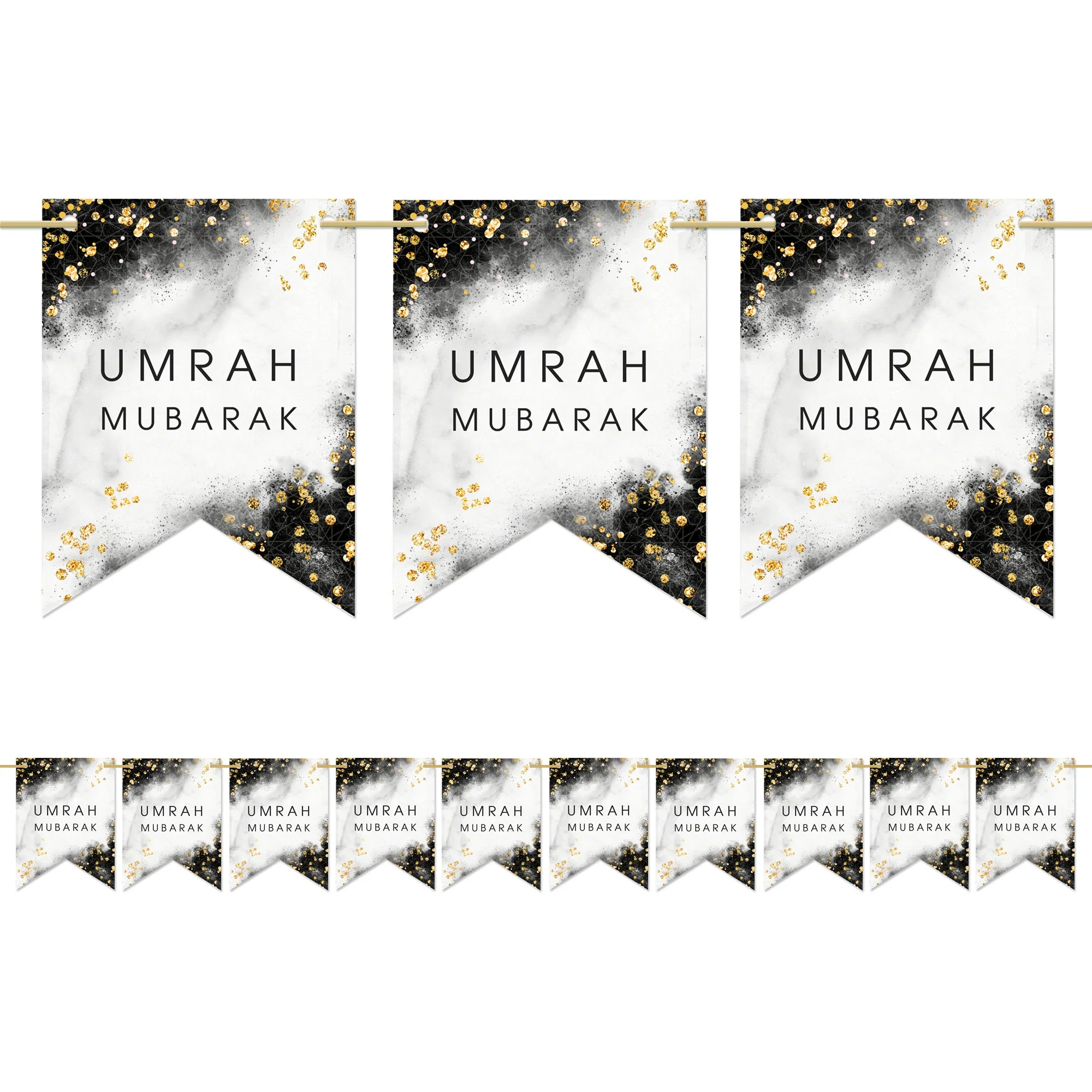 Umrah Mubarak Pennant Bunting - Black, White & Gold Ombre