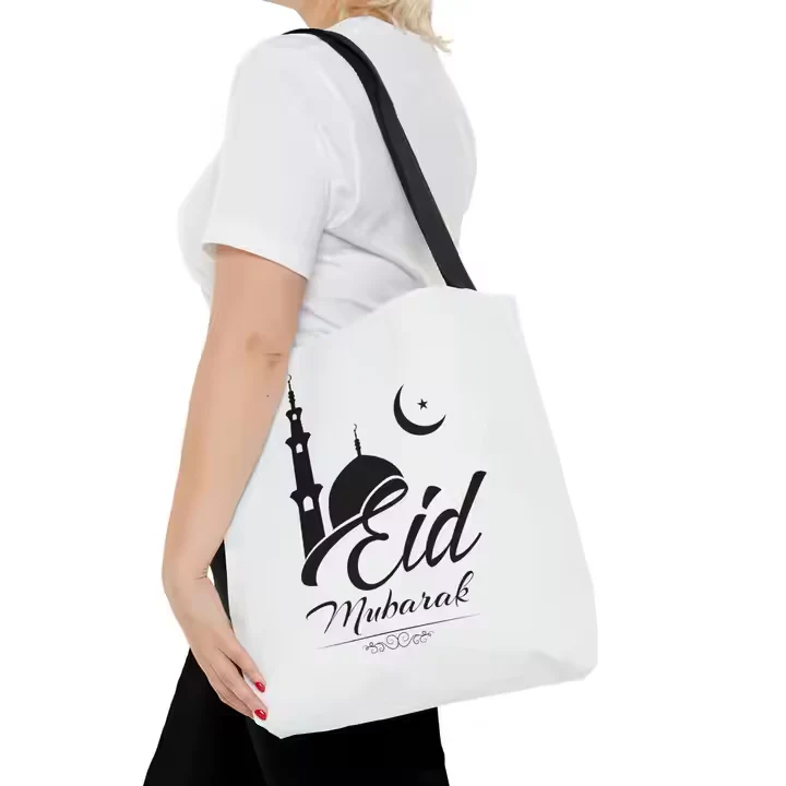 White & Black Eid Mubarak Tote Bag with Mosque & Crescent Design - Image 2